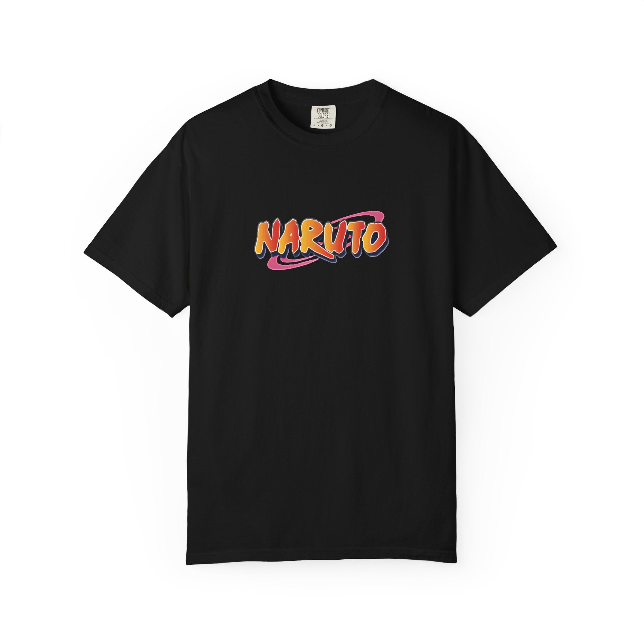 A black short-sleeve crewneck t-shirt featuring a colorful 'NARUTO' graphic printed on the chest, displayed against a solid white background.