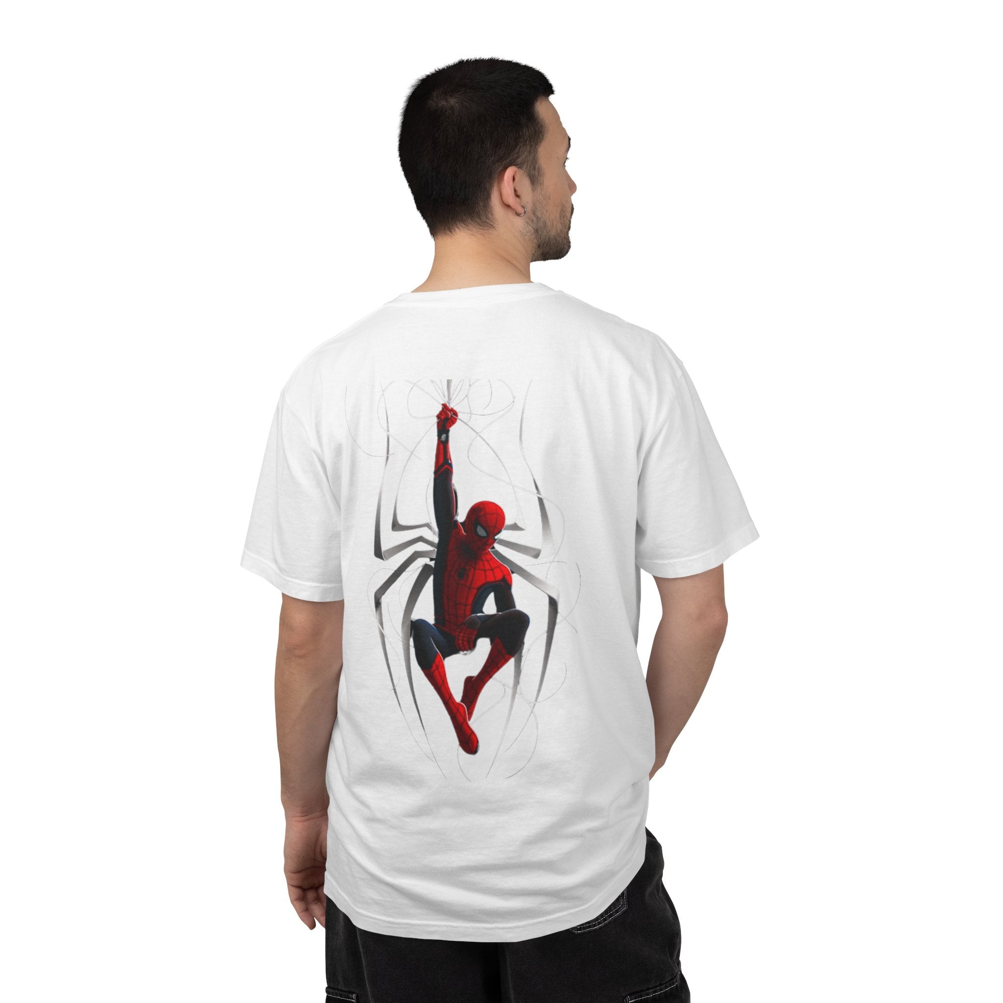 A man wearing a white t-shirt, viewed from the back. The shirt features a large graphic print of Spider-Man swinging from a web, set against a faint spider logo outline.