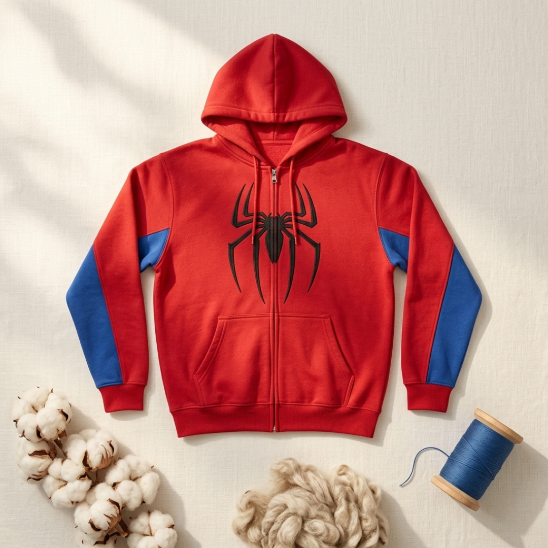 A red zip-up hoodie with a large black spider emblem on the chest and blue color-blocked sleeves, styled flat-lay on a light fabric background with cotton bolls, yarn, and a spool of blue thread.