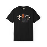 Black t-shirt with a graphic of a dog and butterfly on a white background