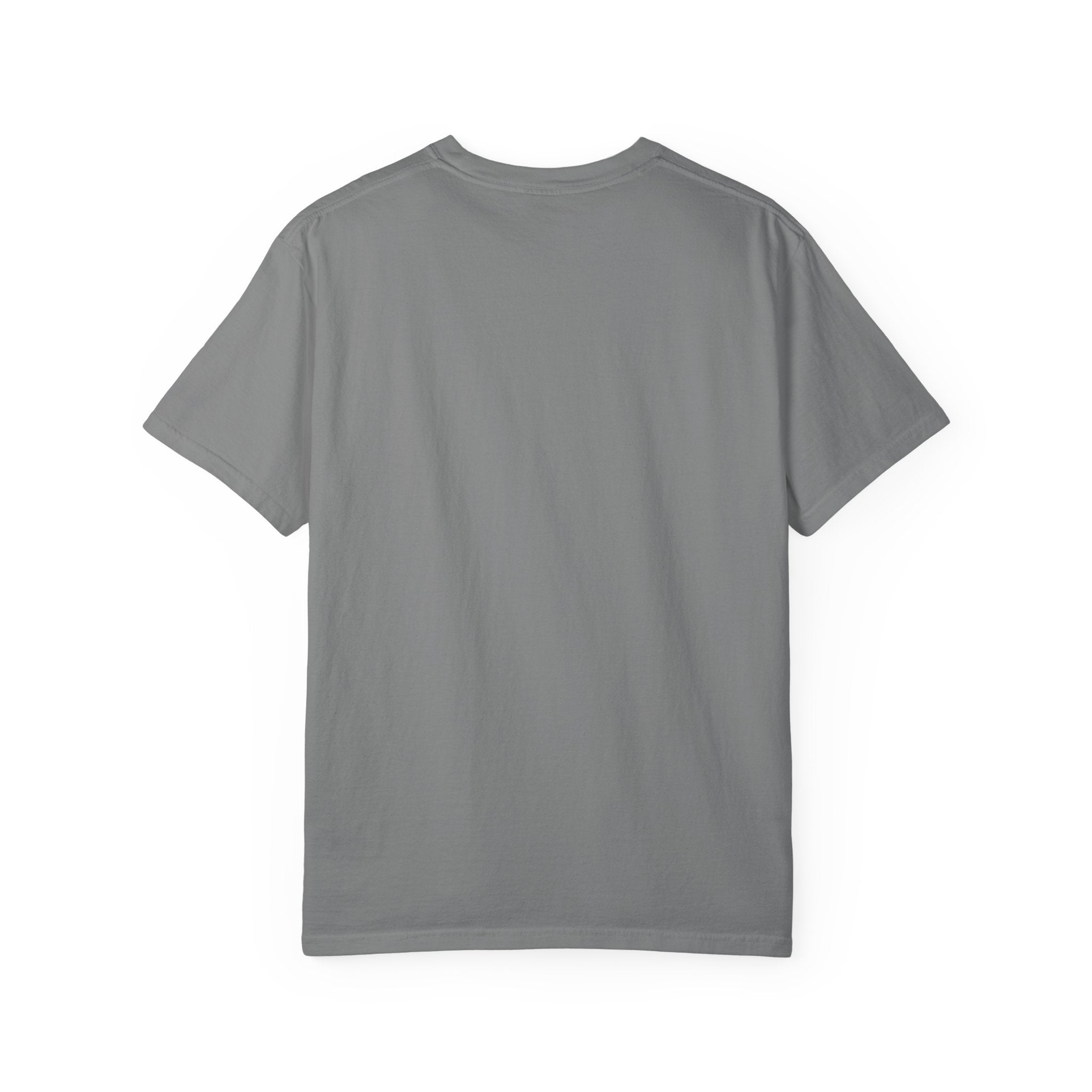 A plain gray short-sleeve crewneck t-shirt shown from the back, laid flat against a solid white background.