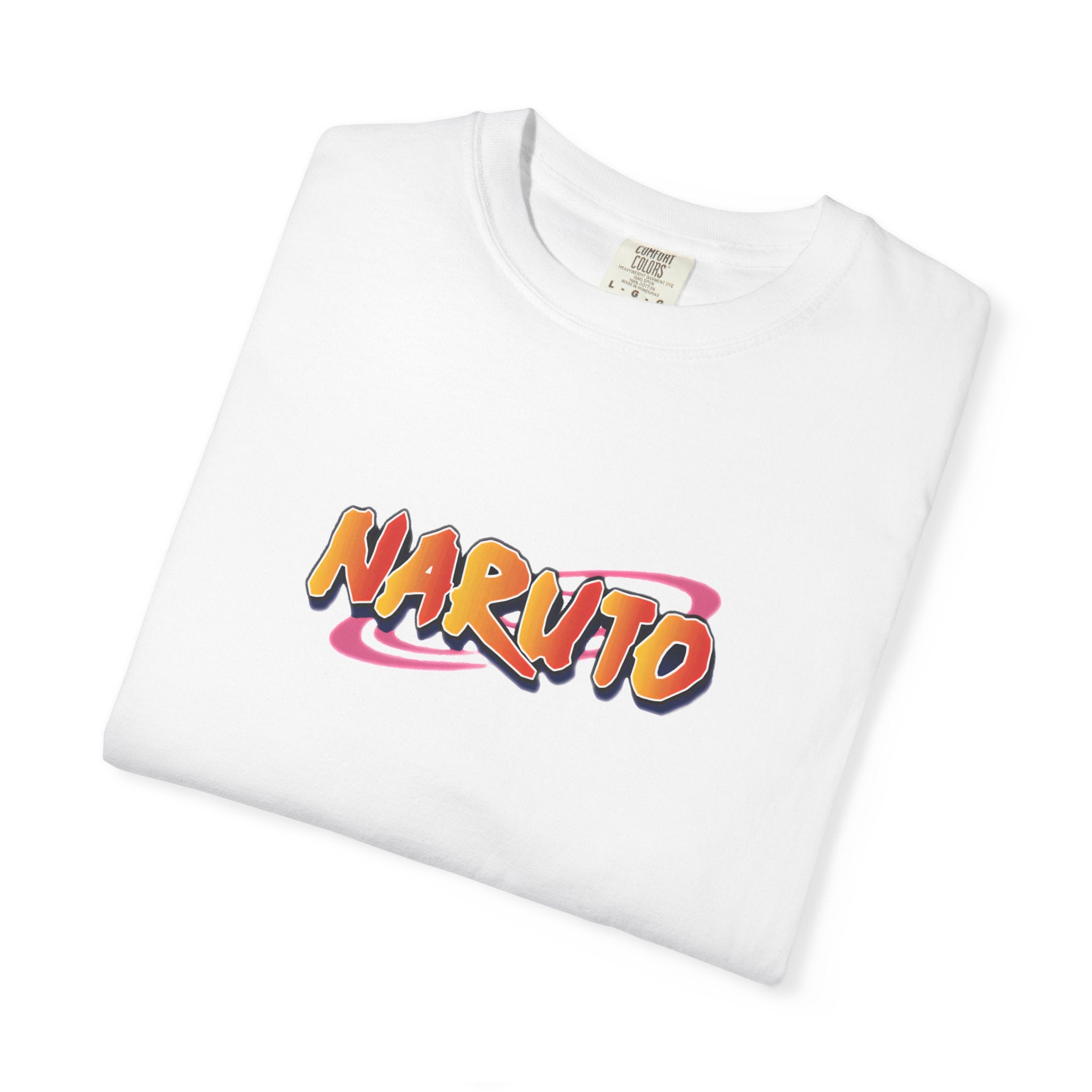 A folded white crewneck t-shirt featuring a colorful 'NARUTO' graphic on the chest, displayed on a clean white background.