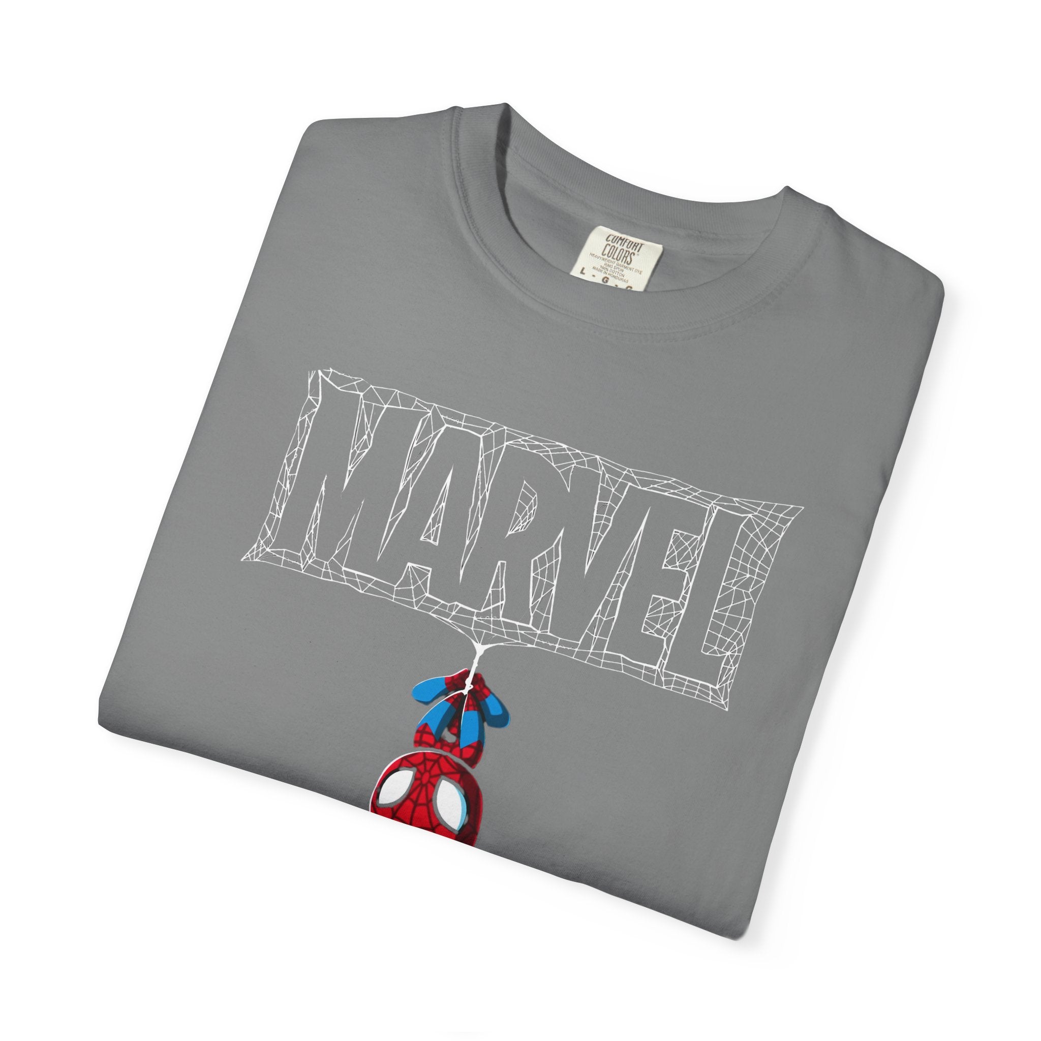 A folded gray crewneck t-shirt featuring a white wireframe 'MARVEL' logo and a small Spider-Man graphic hanging from the web, shown on a white background.