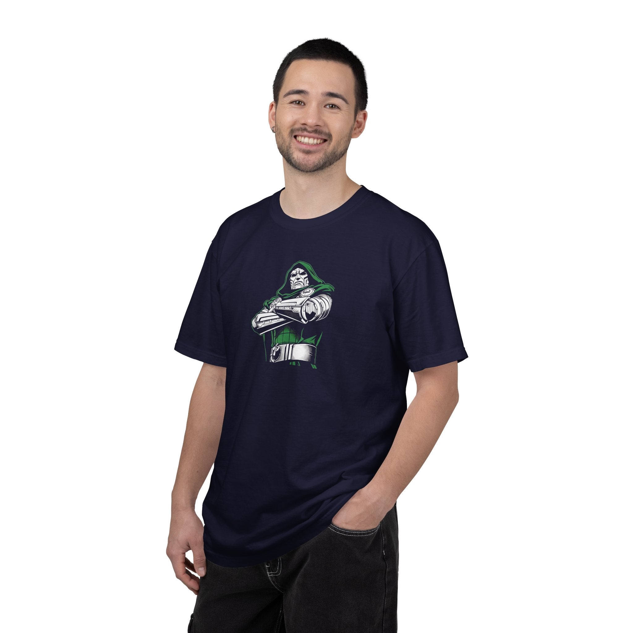 Person wearing a black t-shirt with a white religious symbol design on a white background