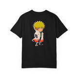 A black short-sleeve crewneck t-shirt featuring a colorful graphic print of an anime character with spiky yellow hair, shown on a plain white background.