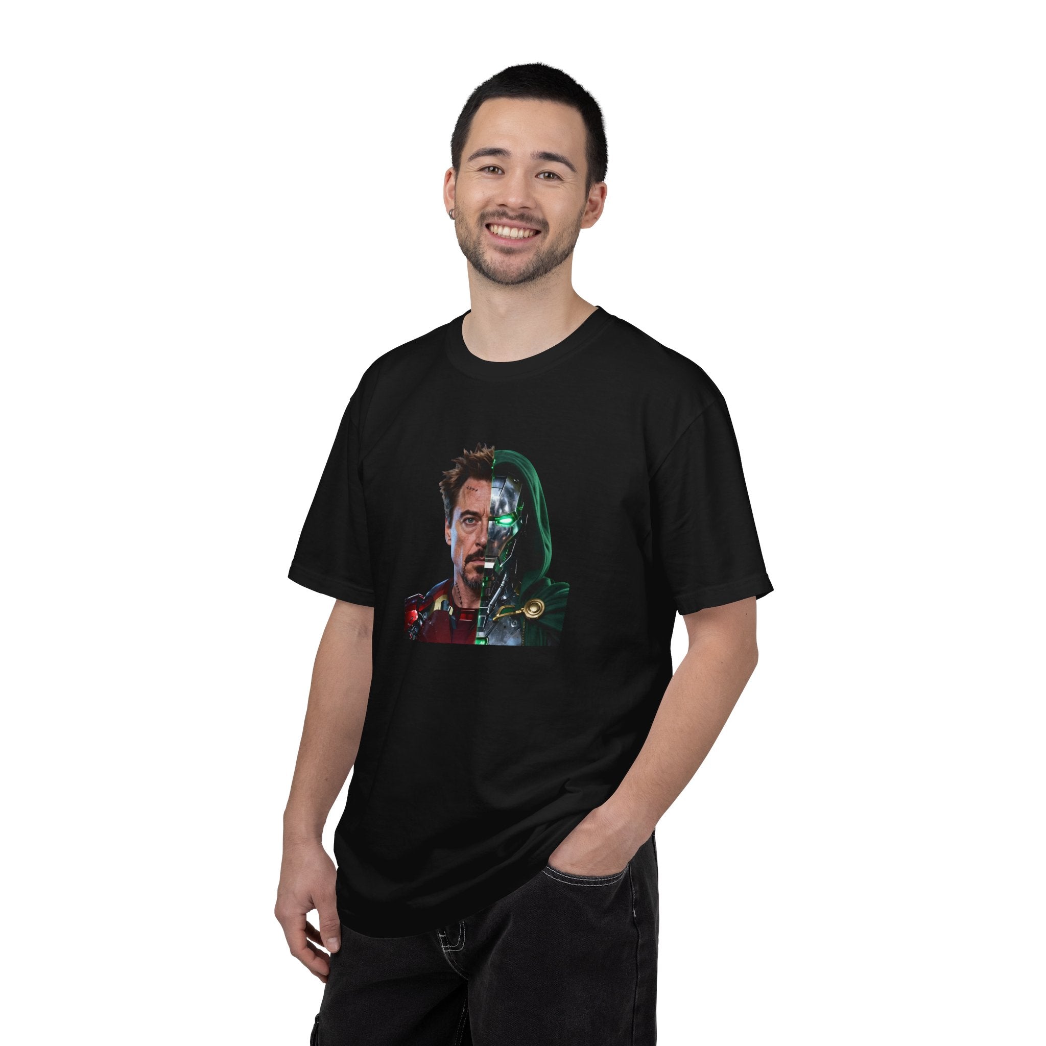 Man wearing a black t-shirt with a logo on a white background