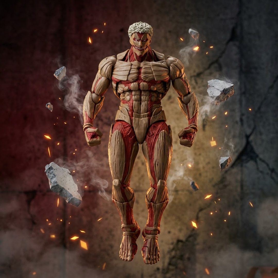 An articulated action figure of the Attack on Titan Titan character, floating in mid-air against a dramatic, cracked dark background with floating debris and embers.