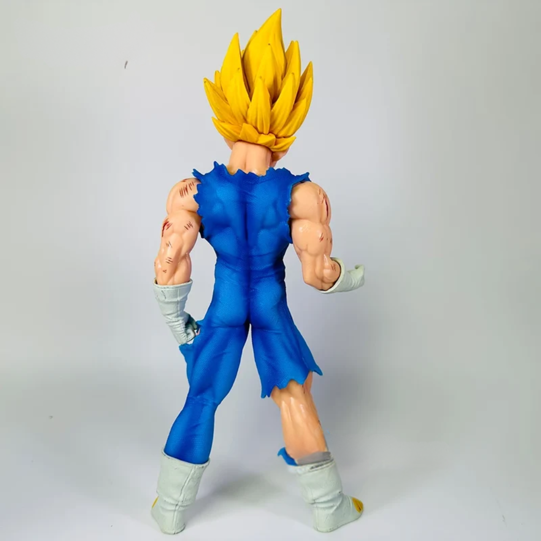 A Super Saiyan Gohan action figure shown from the back, featuring spiky yellow hair, a torn blue outfit, and pale skin with white gloves and boots, set against a plain light gray background.