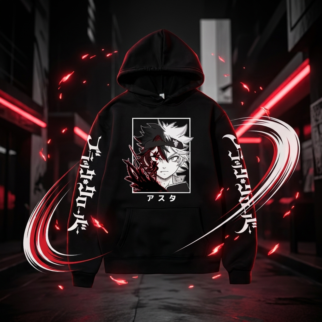 A black pullover hoodie with anime-style graphic prints on the front and sleeves, shown centered against a dark urban street background with red neon lights and motion blur effects.