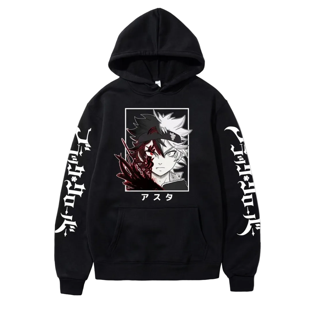 A black pullover hoodie featuring a graphic print of two anime characters on the chest, with white Japanese text printed down both sleeves. The hoodie is displayed flat against a light gray background.