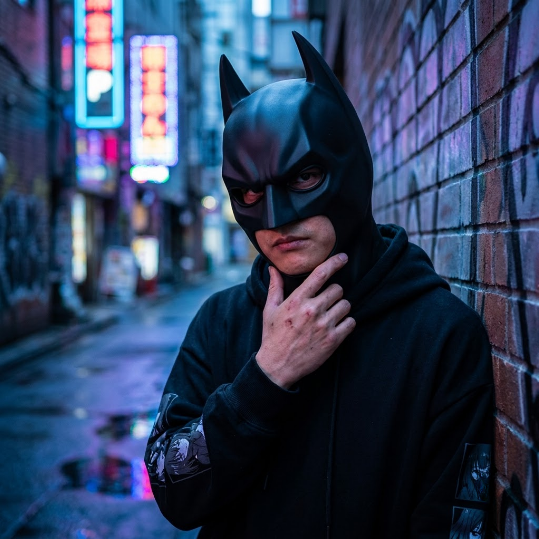 A person wearing a black Batman-style mask and black hoodie leans against a brick wall in a city alley at night with neon signs in the background.