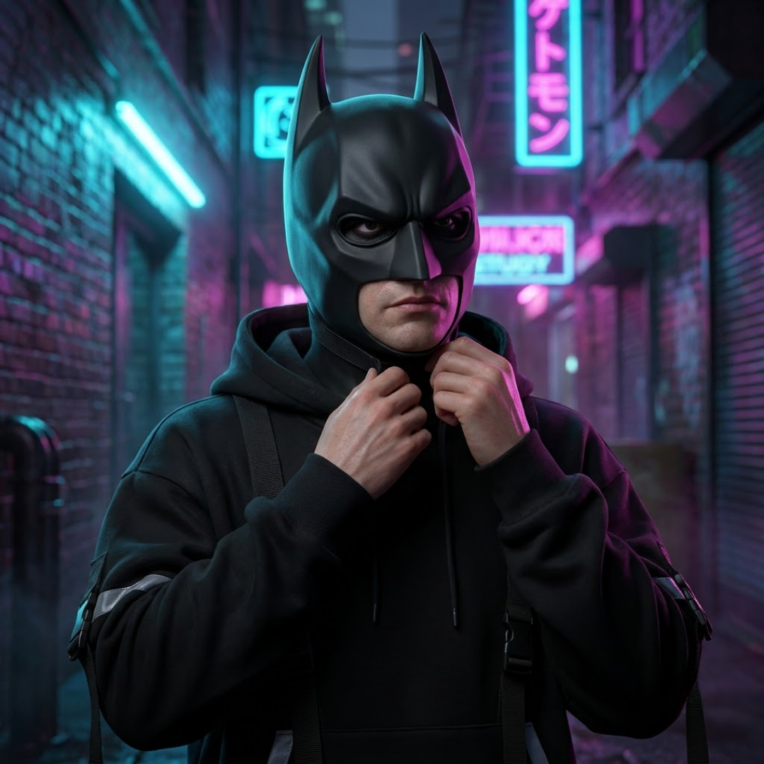 A person wearing a black Batman-style mask and black hoodie stands in a neon-lit alley at night, adjusting the hoodie collar. The scene has pink and blue neon signs and brick walls in the background.