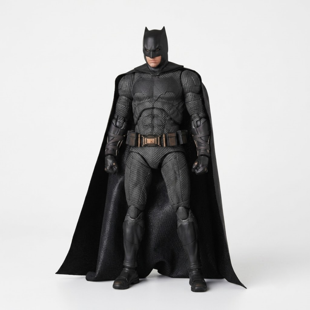 A Batman action figure or collectible statue in a full-body pose, wearing a textured black suit with a flowing black cape, standing against a plain light gray studio background.