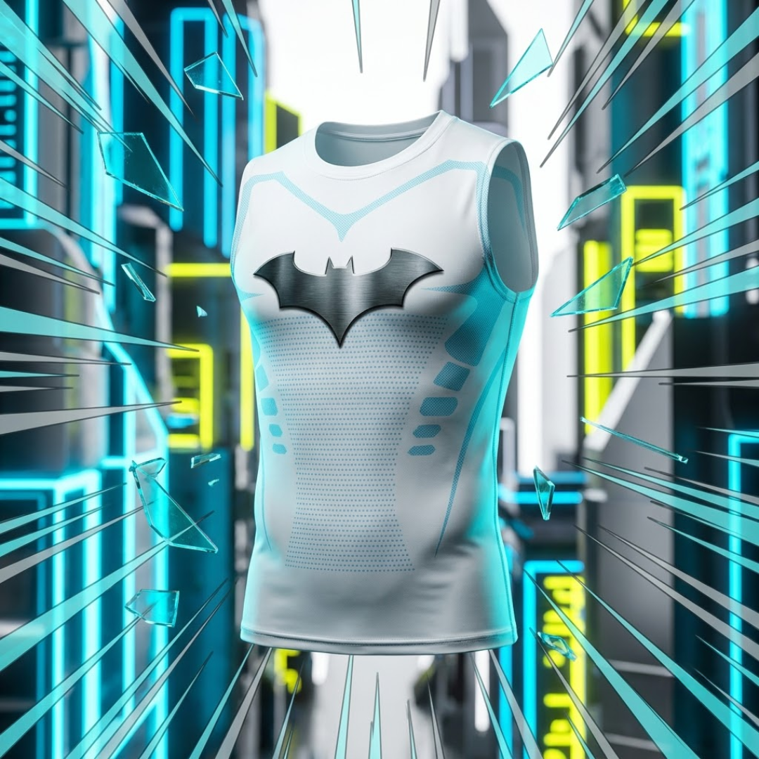 A sleeveless white athletic tank top with a black bat symbol on the chest, displayed against a futuristic neon-lit background.