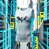 A sleeveless white athletic tank top with a black bat symbol on the chest, displayed against a futuristic neon-lit background.