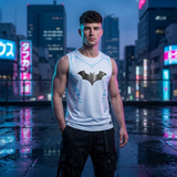 A man stands on a wet city rooftop at night wearing a white sleeveless athletic tank top with a large black bat logo on the chest, paired with black cargo pants. Neon city lights reflect on the wet ground behind him.