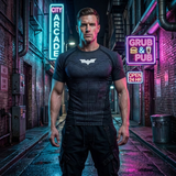 A muscular man stands in a wet urban alleyway at night wearing a fitted black athletic t-shirt with a white bat-like chest emblem and black cargo pants. Neon signs for City Arcade, Grub & Pub, and No Parking Lane are visible in the background.