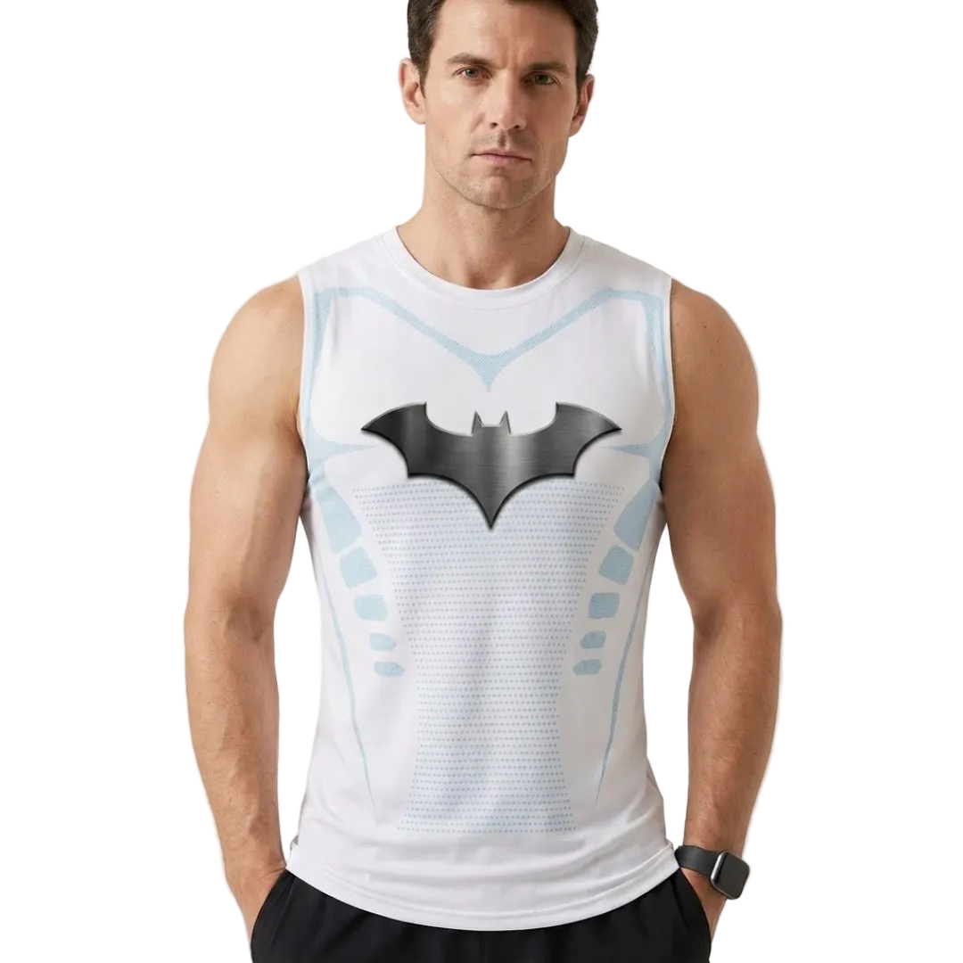 A man wearing a white sleeveless athletic tank top with a large black Batman logo on the chest, light blue graphic details, and a subtle textured pattern, set against a plain light beige background.