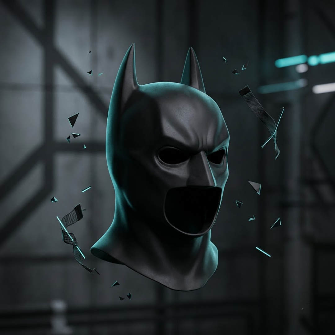 A dark gray Batman-style mask bust floating in a moody industrial setting, with shattered glass fragments scattered around it.