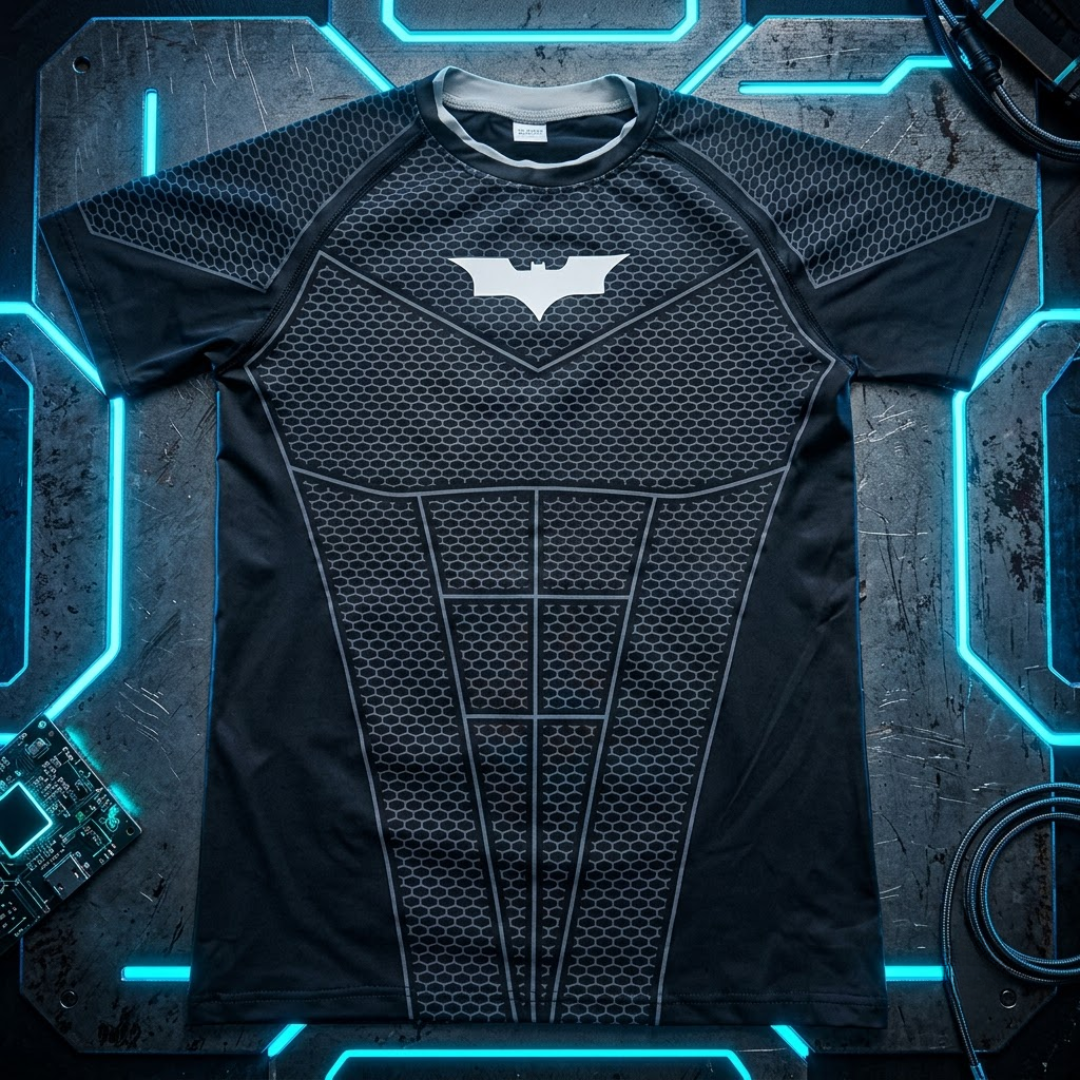 A black short-sleeve athletic t-shirt with a textured honeycomb pattern and a white Batman logo on the chest, laid flat on a dark gray surface with glowing blue neon accents.
