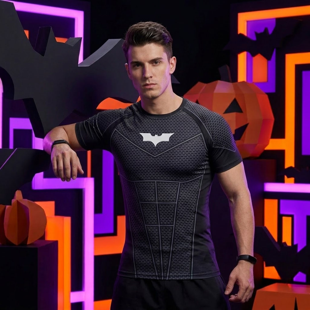 A man wearing a black textured short-sleeve compression shirt with a white Batman logo on the chest, posed against a Halloween-themed backdrop with orange pumpkins, purple neon lights, and black bat silhouettes.