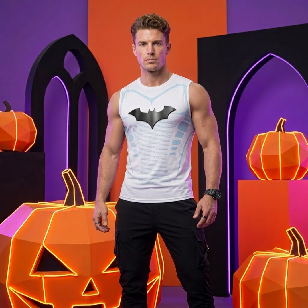 A man stands in a studio setting wearing a white sleeveless tank top with a black bat logo on the chest, paired with black pants. The background features Halloween-themed props including orange jack-o'-lanterns and purple gothic arches.