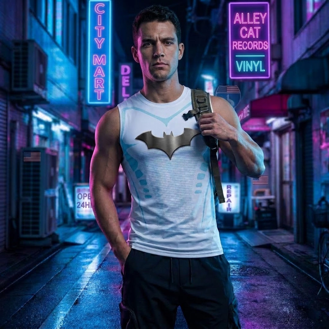 A man stands in a neon-lit city alley wearing a white sleeveless tank top with a large Batman logo on the front, paired with dark shorts. Neon signs for City Mart, Alley Cat Records, and Deli are visible in the background.