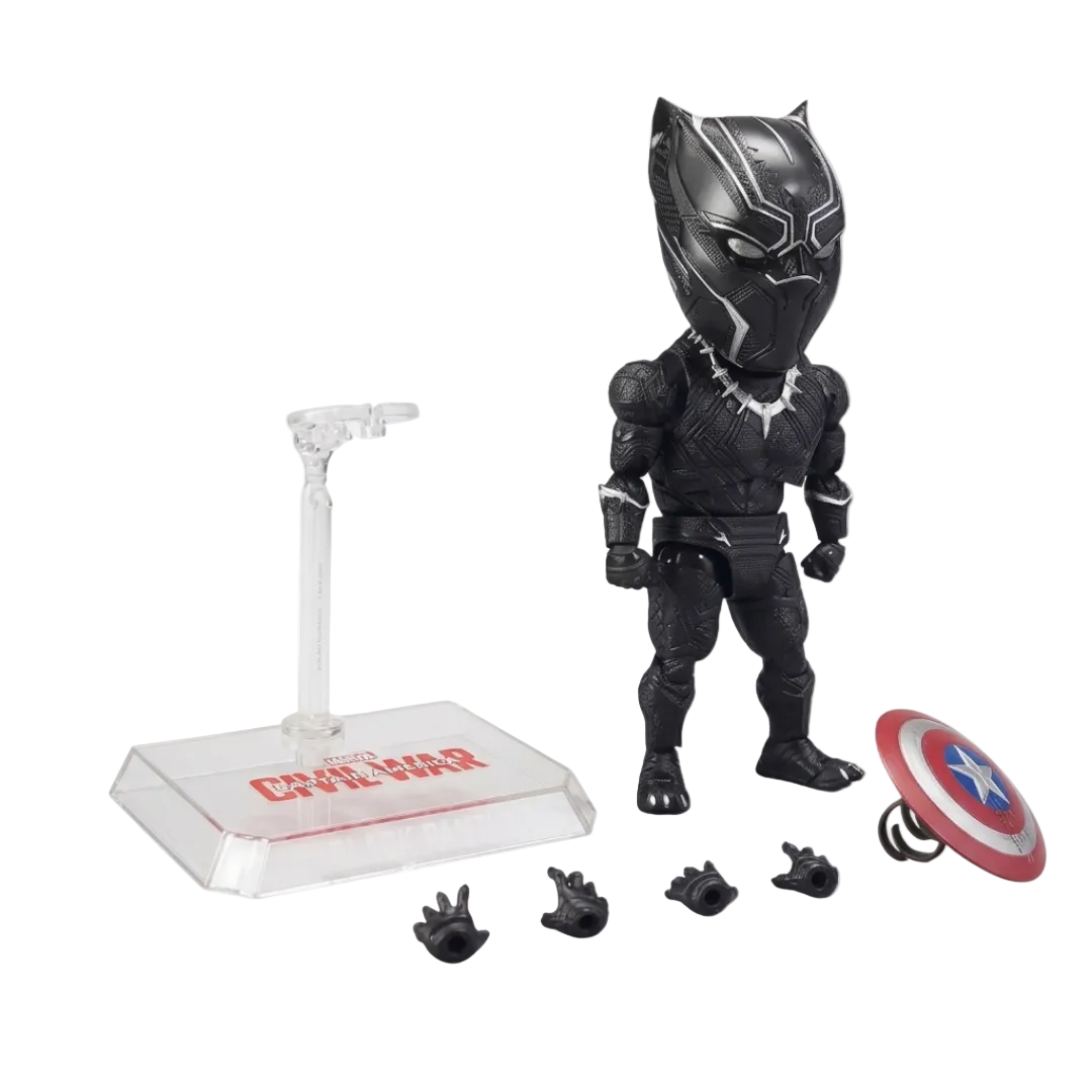Marvel Black Panther chibi action figure with a clear stand, interchangeable hands, and a Captain America shield on a white background.