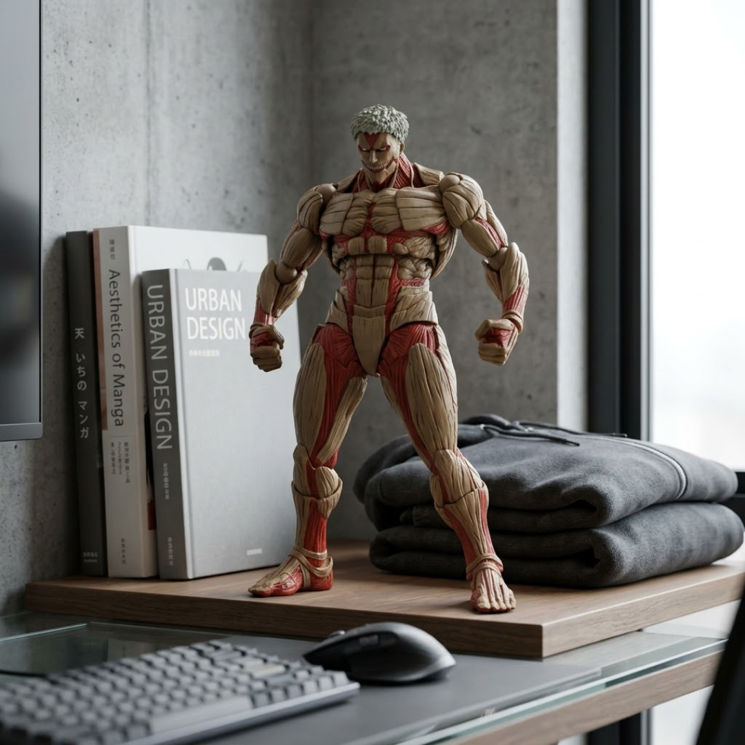 A muscular male action figure with exposed anatomical muscle details stands on a desk beside books, folded gray sweatshirts, and a keyboard in a modern indoor setting.