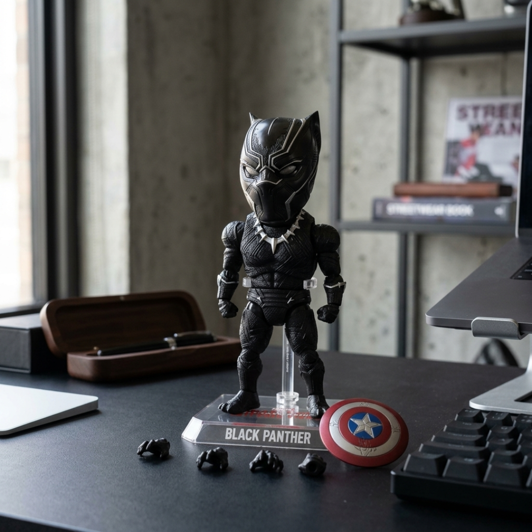 Black Panther bobblehead action figure on a clear stand with Captain America shield and extra hands on a desk in an office setting.
