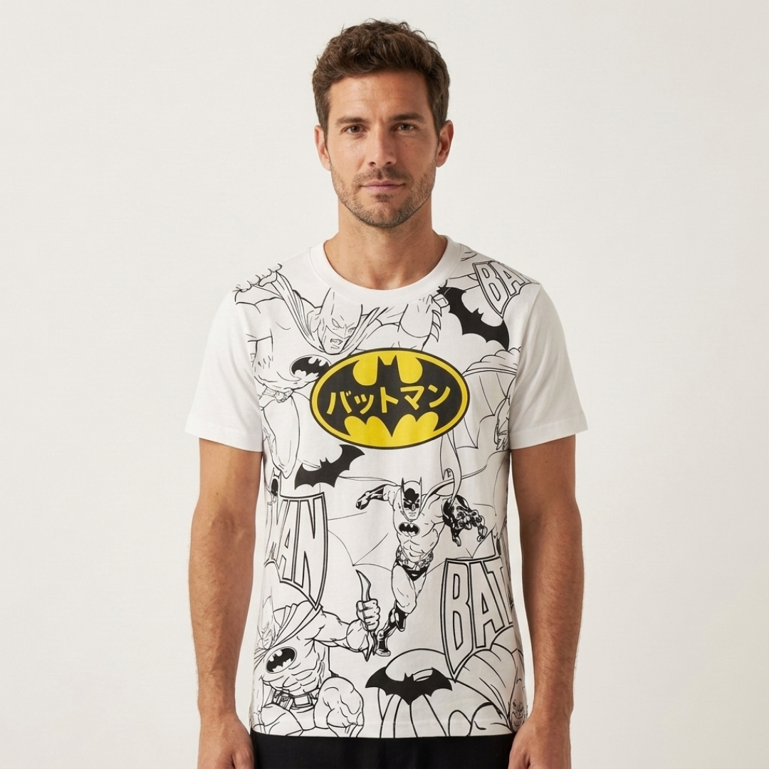 A man wearing a white short-sleeve t-shirt with a black and yellow Batman graphic print, featuring the classic Batman logo with Japanese text on the chest.