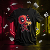 A black short-sleeve graphic T-shirt featuring a chibi-style Deadpool character eating a taco, shown against a dark red and yellow neon-lit background with scattered comic-style paper fragments.