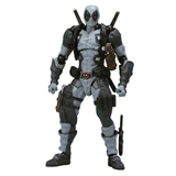 Deadpool action figure in a dynamic pose, featuring a gray and black suit with brown utility pouches and weapons, set against a plain white background.