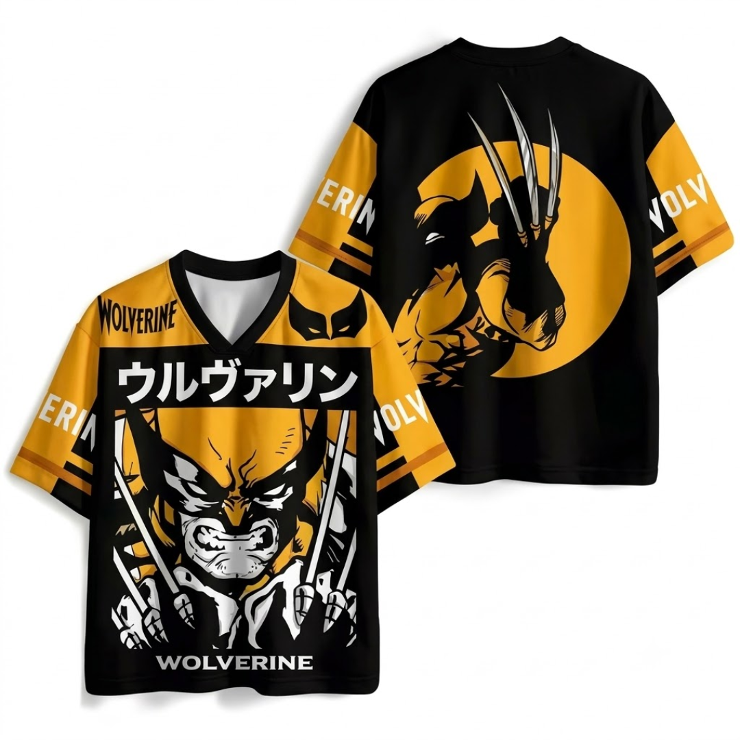 A black and yellow Wolverine-themed short-sleeve V-neck t-shirt shown from both the front and back. The design features a large graphic of Wolverine's face with his claws extended, Japanese katakana text, and 'WOLVERINE' printed on the front and sleeves.