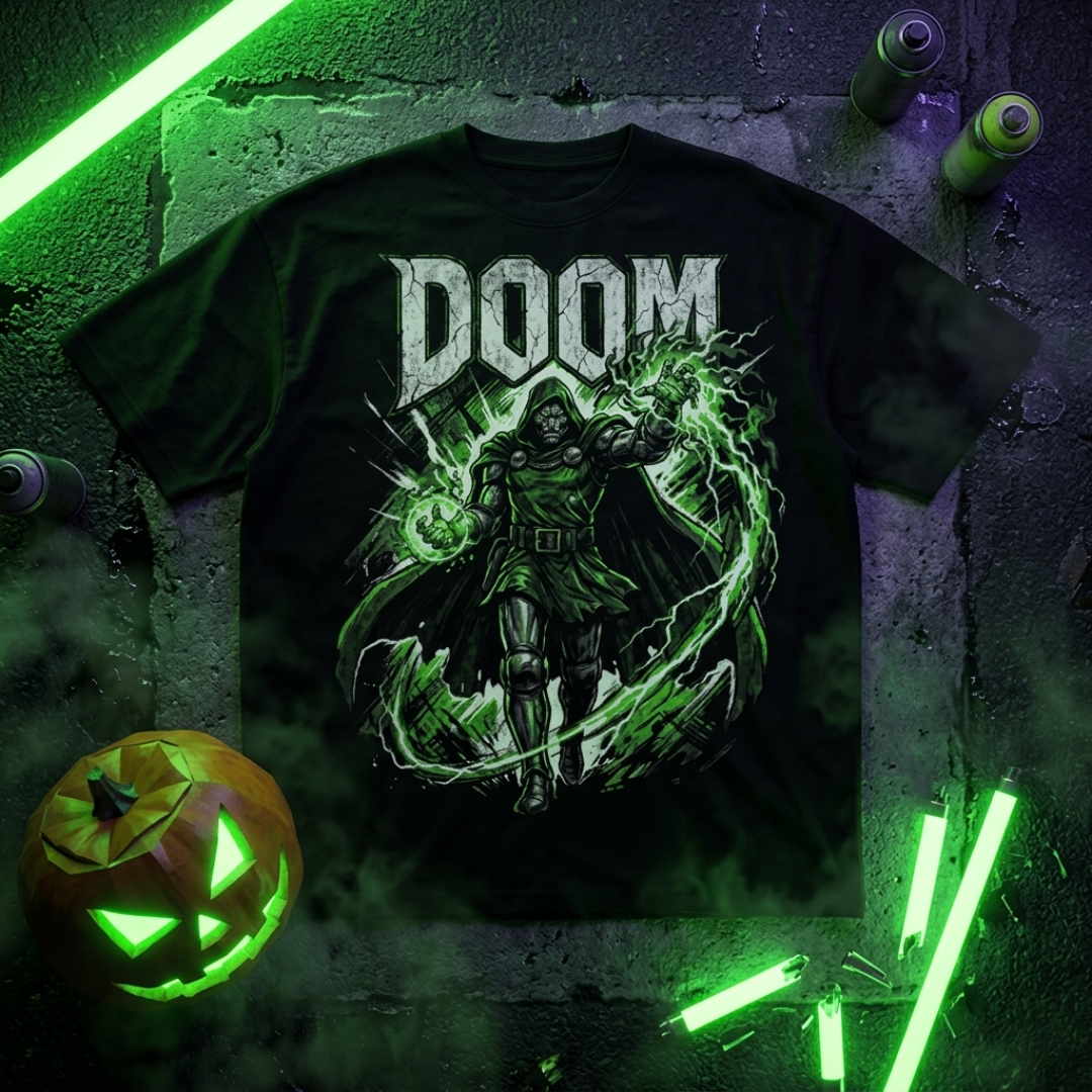 A black graphic t-shirt featuring the word 'DOOM' in distressed white letters above a green and black illustrated character, displayed on a dark textured background with neon green lighting, a carved pumpkin, and spray paint cans.