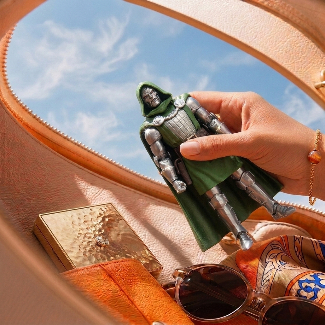 A hand holds a small armored superhero action figure with a green hooded cape inside an open tan leather bag. Sunglasses, a gold compact, and a patterned scarf are also visible in the bag, with blue sky seen through the bag opening.