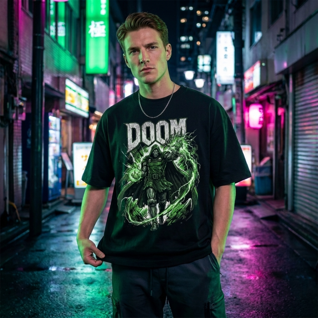 A man wearing a black graphic t-shirt with a 'DOOM' character print, standing in a neon-lit city alleyway at night.