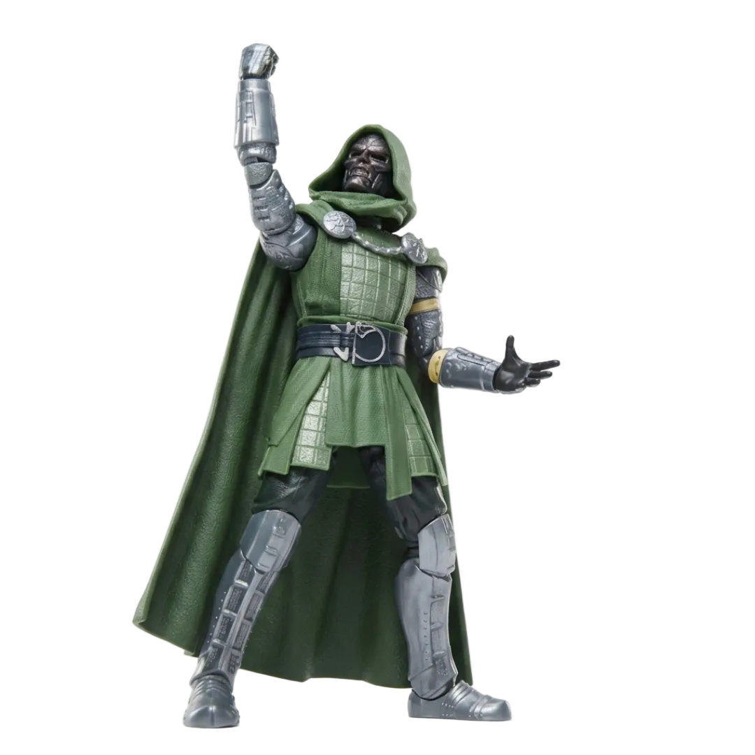 A Marvel Doctor Strange action figure posed with one arm raised, wearing a green hooded robe, dark tunic, and metallic silver armor against a plain white background.