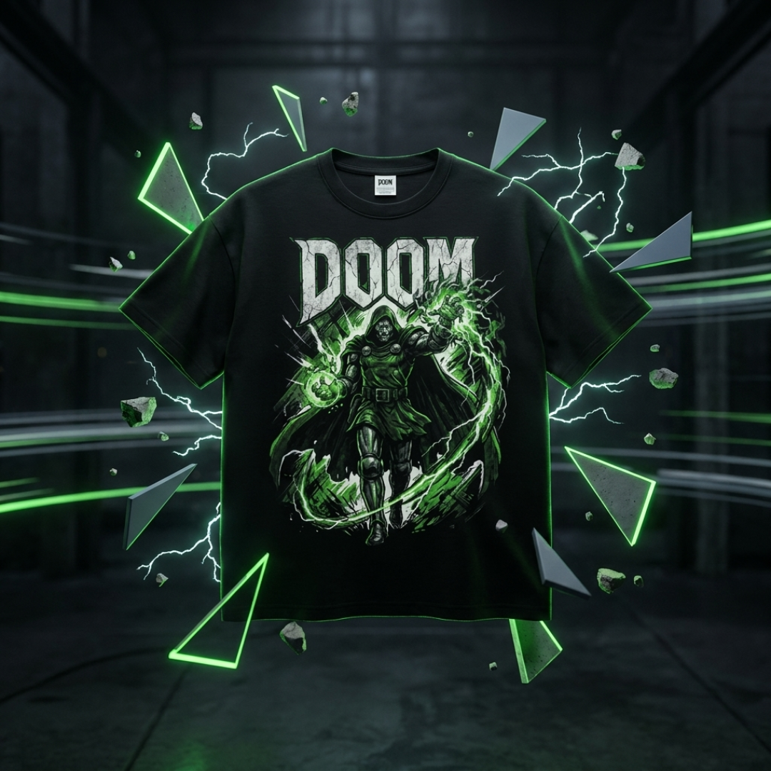 A black graphic t-shirt featuring the word 'DOOM' in distressed white letters above a dark, shadowy figure surrounded by glowing green energy effects. The shirt is displayed against a dark, industrial background with green neon lightning and shattered glass graphics.