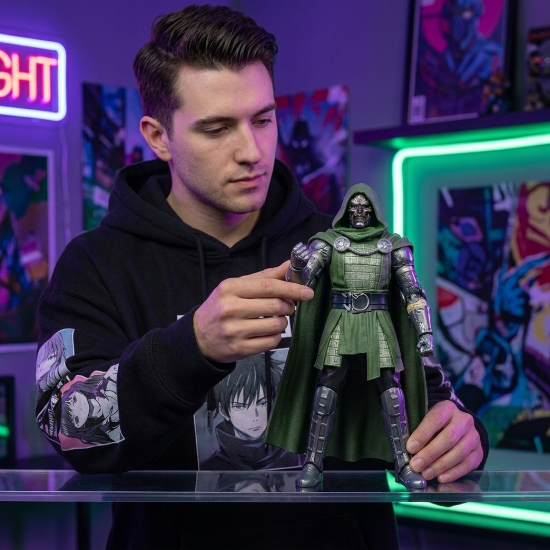 A man in a black graphic hoodie holds a detailed action figure of Doctor Doom from Marvel. The background features a colorful, graffiti-style wall with neon purple and green lights.