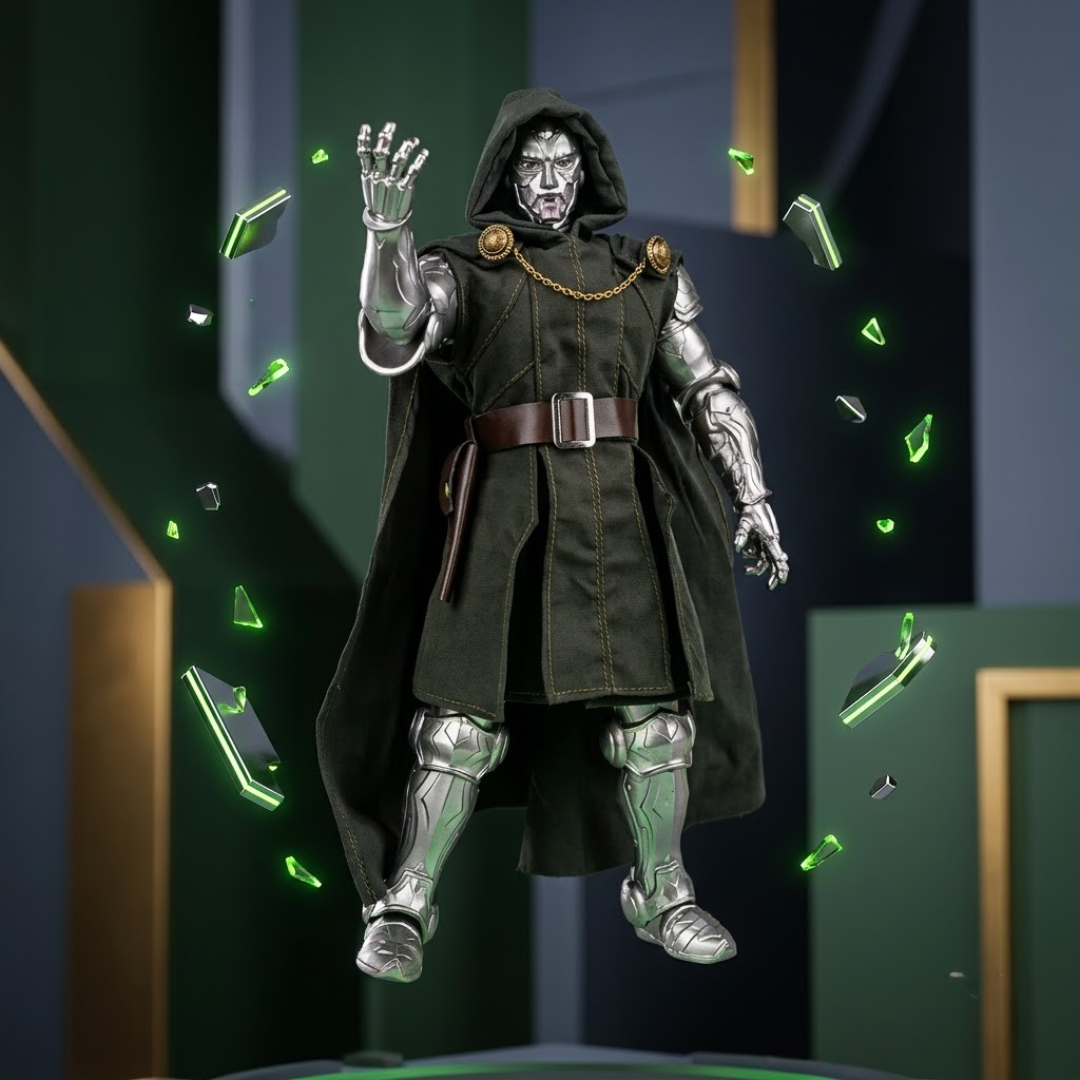 Doctor Strange action figure with metallic silver skin, a dark green hooded robe, brown belt, and glowing green energy effects around it, set against a dark green and gray sci-fi background.