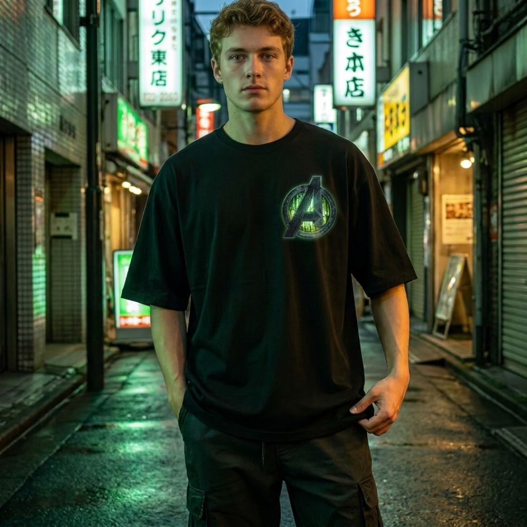 A man wearing a black Avengers t-shirt stands in a wet, neon-lit Japanese street at night.