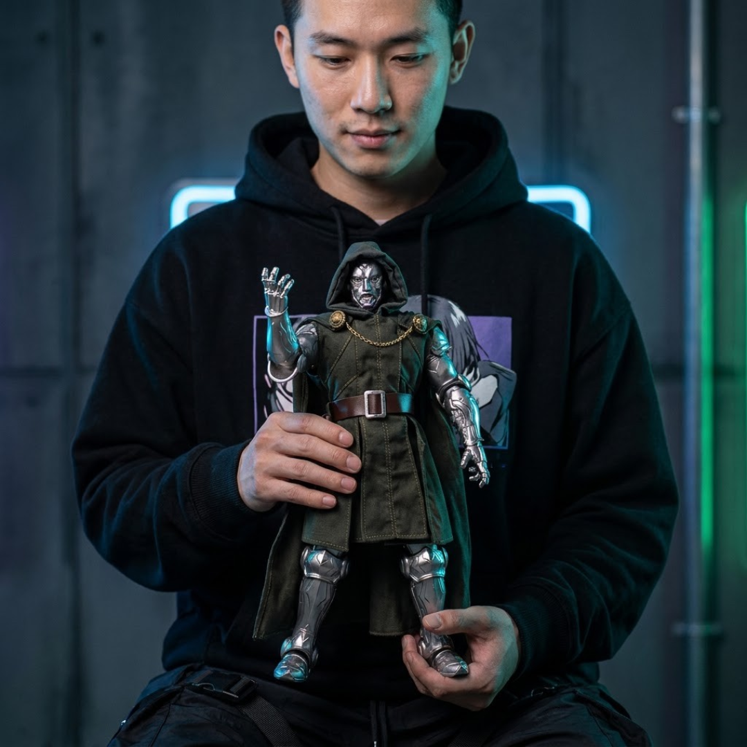 A man in a black hoodie holds a detailed collectible action figure of Doctor Doom from Marvel. The figure is dressed in a dark green hooded robe with metallic silver armor on the arms and legs, and a brown belt.