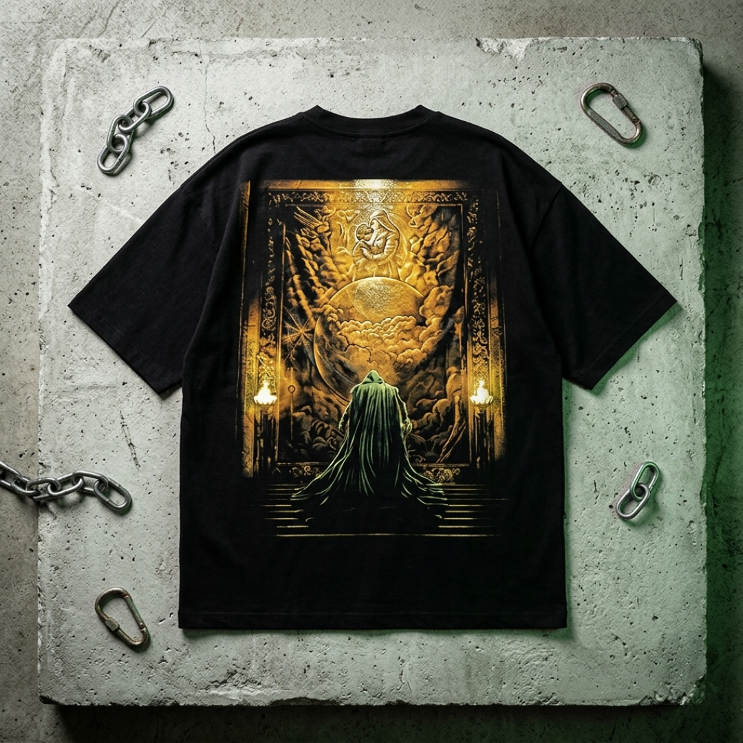 A black short-sleeve graphic T-shirt laid flat on a textured gray concrete surface, surrounded by metal chains and carabiners. The shirt features a large back print in glowing gold and green tones showing a hooded figure in a dramatic interior scene.