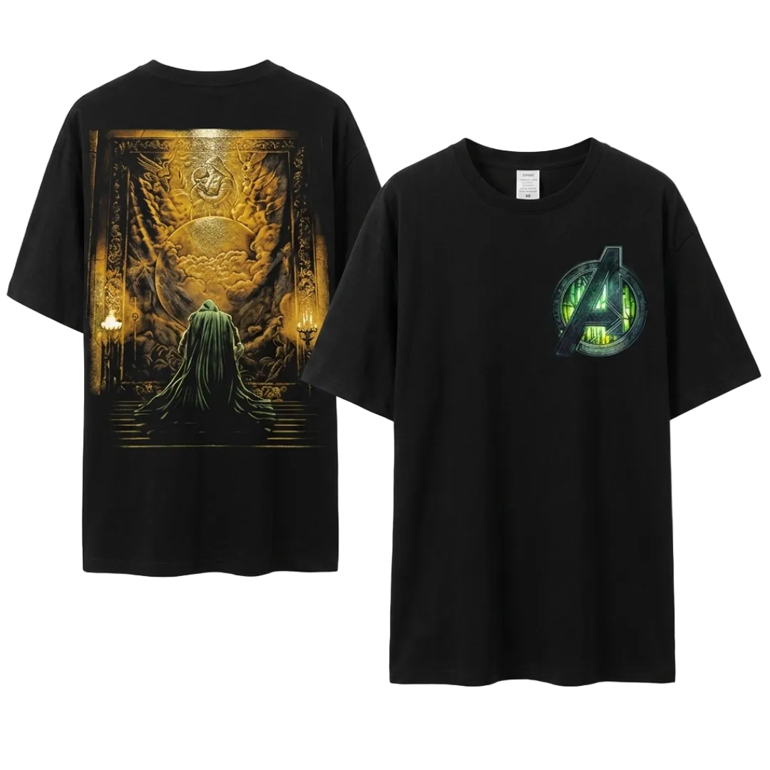 Two black short-sleeve graphic t-shirts shown on a light gray background. The left shirt shows the back with a large golden fantasy illustration of a cloaked figure in a hall.
