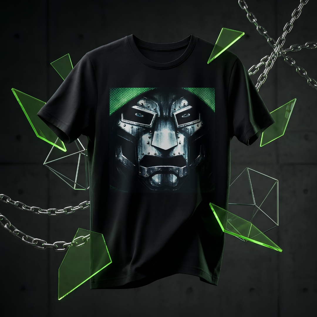 A black short-sleeve graphic T-shirt featuring a metallic robot face design with green glowing accents, displayed against a dark textured background with floating green geometric shards and chains.