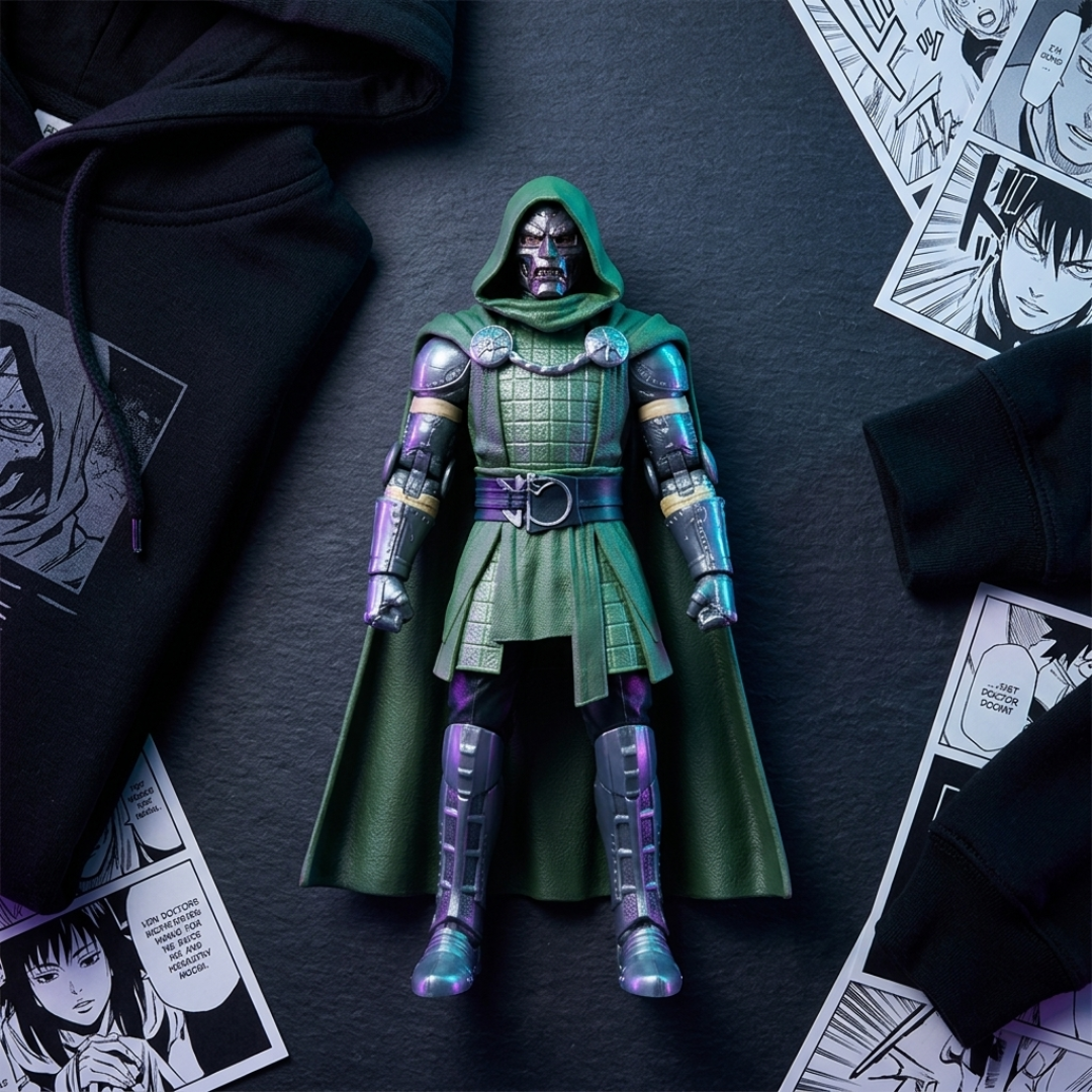 A Marvel Doctor Strange action figure is displayed on a dark slate background, surrounded by black graphic hoodies and black-and-white manga pages. The figure is dressed in a green hooded robe with metallic purple and silver armor details.