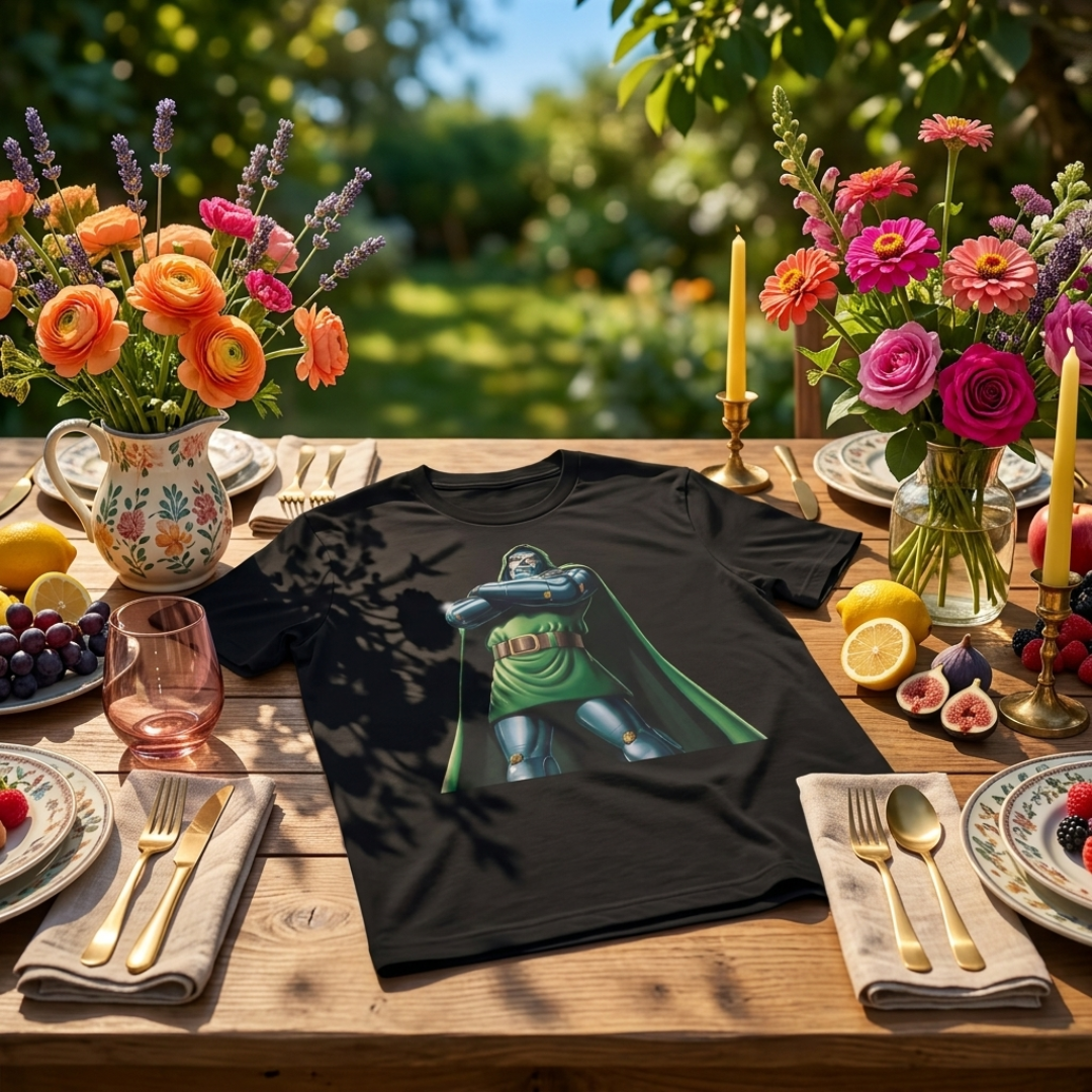 A black graphic T-shirt laid flat on a wooden outdoor table surrounded by flowers, plates, candles, and fruit. The shirt features a large front print of a superhero in a green cape and blue suit.