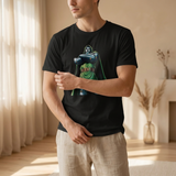 A man wearing a black short-sleeve t-shirt with a graphic of the Marvel character Doctor Doom, standing in a brightly lit room with beige curtains and a vase in the background.