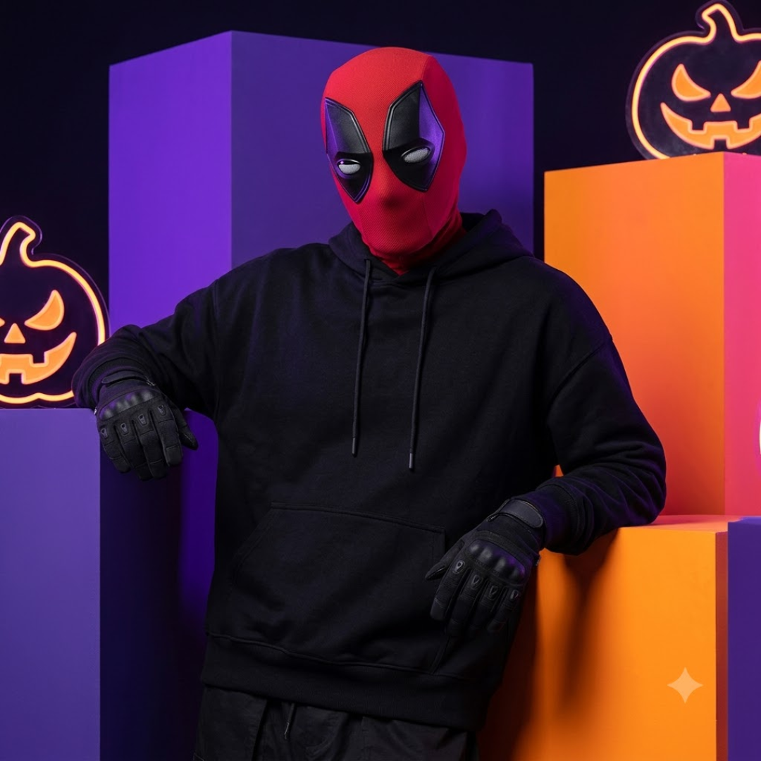 A person wearing a red and black Deadpool-style full-face mask, black hoodie, and black gloves, posed in front of purple and orange display blocks with glowing jack-o'-lantern decorations.
